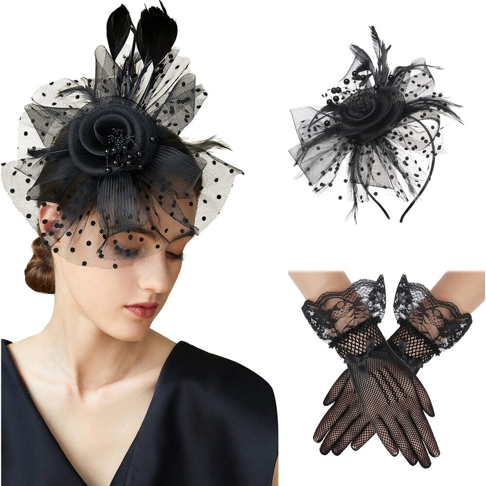 9922 Tea Party Hat And Glovess Set For Women Pillbox Veil Fascinator